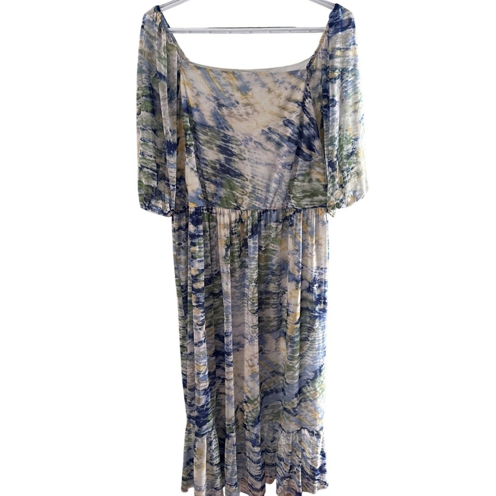 Abstract Watercolor Mesh Midi Dress Square Neck Puff Sleeve Blue Green Yellow
